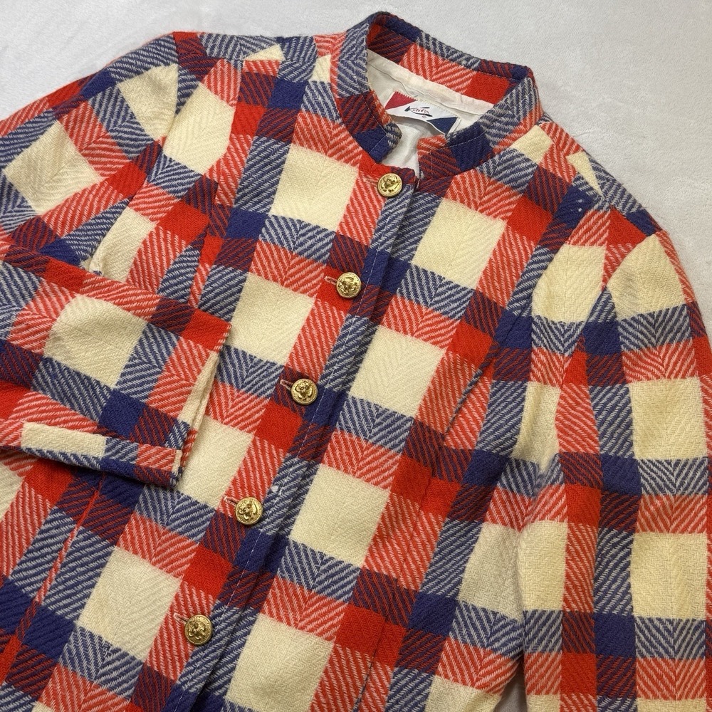 Vintage 70s Kent Plaid Jacket Women Mod Gold Button Red Blue Coat
